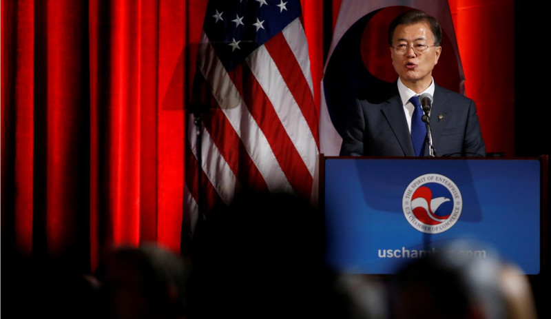 韓國總統文在寅在美國商會的歡迎晚宴上致詞。   圖:達志影像/路透社照片