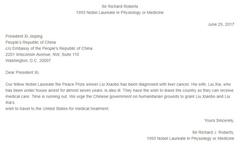 154位諾貝爾獎得主發表致習近平公開信，呼籲放行劉曉波與妻子出國就醫。   圖：翻攝現在自由官網