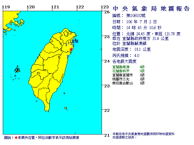 中央氣象局發布地震報告，今(2日)天下午14:45分左右，宜蘭發生規模4.0的有感地震   圖：中央氣象局