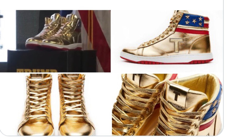 在一個新架設的網站中，這雙側面印有美國國旗圖樣，以無數金黃色亮片點綴，名為「永不放棄高筒鞋」的鞋款要價 399 元美金。   @Platomasochist
