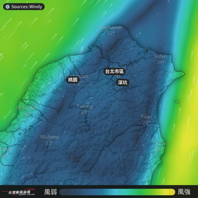 氣象粉專《台灣颱風論壇｜天氣特急》指出，由於今天台北市區上空風力弱，擴散條件很差，所以污染物不容易被吹走。   圖：取自《台灣颱風論壇｜天氣特急》