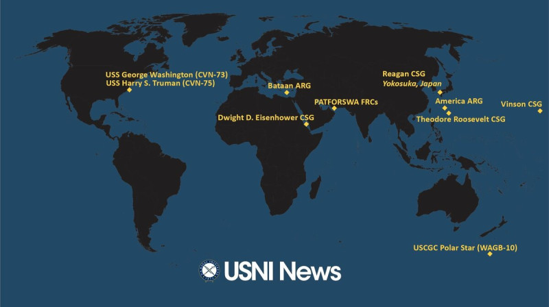 《美國海軍學會新聞網》(USNI News)公布截至2月20日美國海軍大型平台艦動態。   圖：翻攝news.usni.org