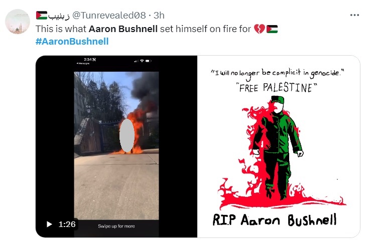 25歲的現役美國空軍布什內爾在以色列駐美大使館前直播自焚過程（左圖），抗議種族滅絕。   圖：翻攝自推特@Tunrevealed08