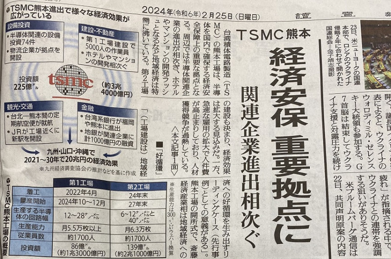  台積電的熊本晶圓廠是日台經濟安保合作的一大成就，為日本建立了未來經濟安保據點而且給日本社會帶來希望 圖:翻攝自讀賣新聞 