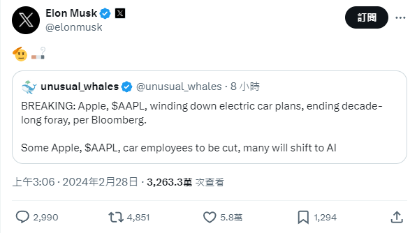 特斯拉(TSLA-US)的執行長馬斯克也對這一決定表示慶祝。他在 X上發了一個敬禮的表情符號和一支香煙。 圖 : 翻攝自X帳號@@elonmusk