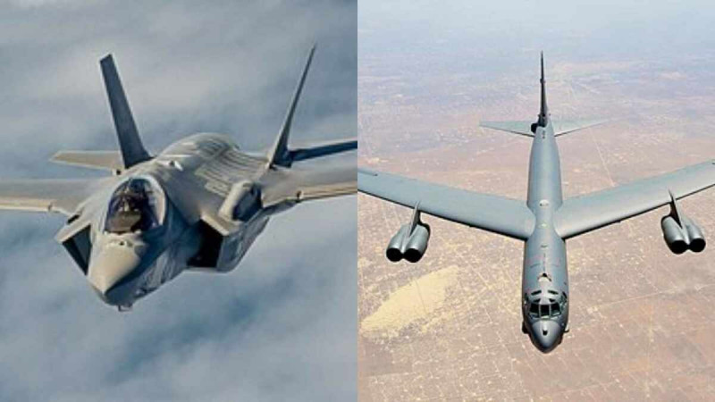 F-35C Lightning II 戰鬥機（左）、B-52H 同溫層堡壘戰略轟炸機（右）。   圖 : 翻攝自維基百科（新頭殼合成）