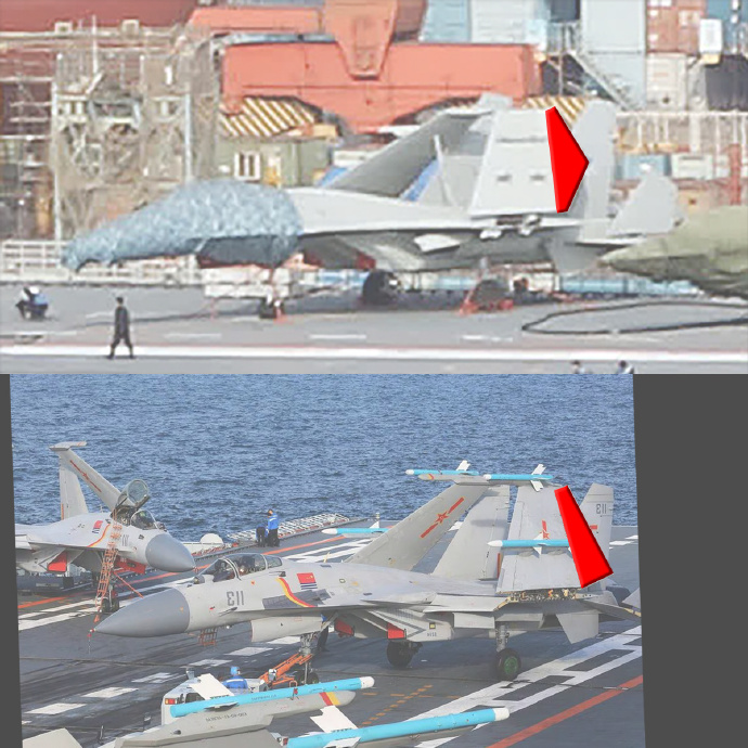 中國軍事迷發現「福建號」搭載的「殲-15T」模型機後方襟翼與實機不同，推測是否增加折疊數。可能影響艦載機數量。   圖：翻攝「微博」@彩虹熊＿白瑋