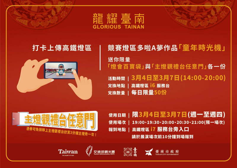 在今(4)日至3月7日找到這隻哆啦A夢花燈「童年時光機」拍照打卡，就可獲得限量「燈會百寶袋」與「主燈觀禮台任意門」各一份。   圖：台南市政府觀光旅遊局／提供