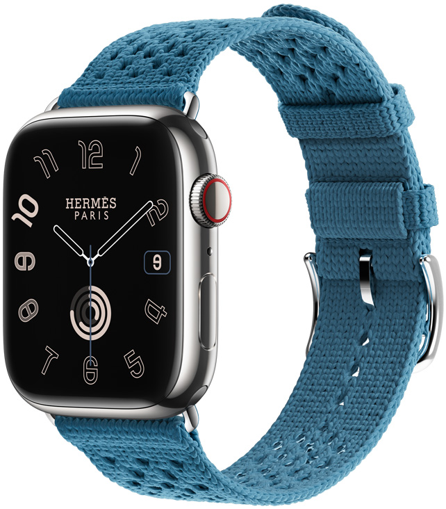 蘋果表示，這次與Hermès共同推出Tricot系列錶帶，有那不勒斯黃色、威瑪犬米色、經典橘、牛仔藍等四種顏色，售價10,900元，於3月5日開始販售。   圖：取自蘋果官網