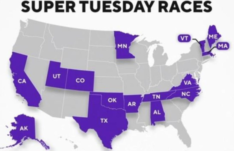 2024 年美國總統大選的「超級星期二」將在 3 月 5 日登場，有多達 16 個州會在當日舉辦總統大選候選人的初選。   圖：翻攝自 @jacksondobrien X帳號