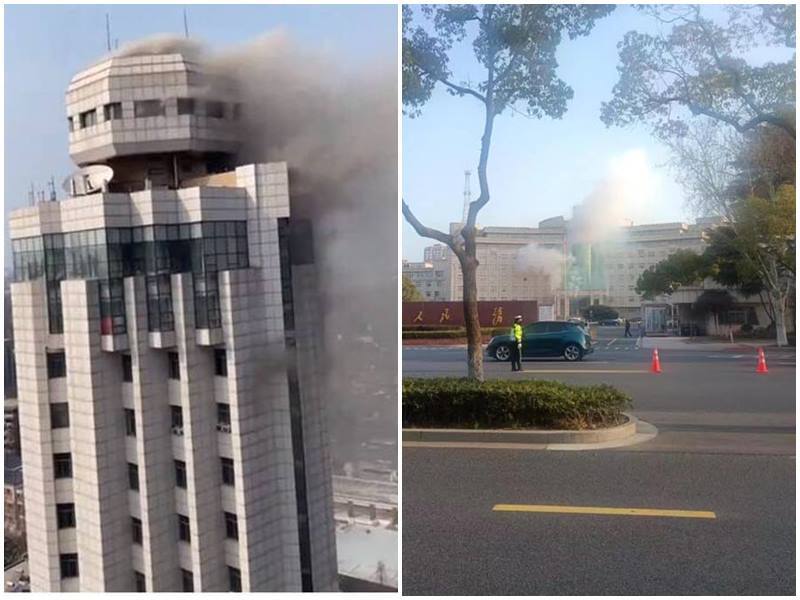 江蘇省張家港市政府7日大樓上午發生爆炸（右），江蘇省公安廳大樓下午發生大火（左）。   圖：翻攝X（前推特）