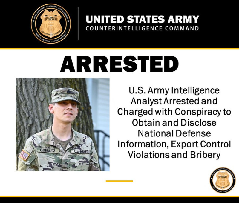 美國司法部7日逮捕一名涉嫌將國防機密賣給中國的現役陸軍中士。   圖：翻攝「X」@Real_ArmyCI