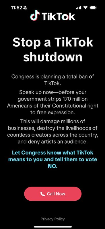 TikTok 通知，反對美國禁止TikTok法案通過   圖 : 翻攝自Ｘ @SydneyDaddy1