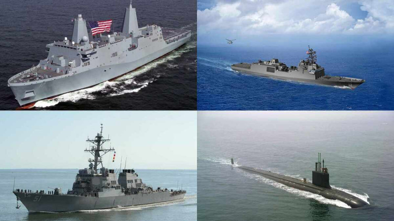 美國海軍部門計畫購置一艘維吉尼亞級攻擊潛艇（右下）、兩艘阿利·伯克級驅逐艦（左下）、一艘星座級護衛艦（右上）、一艘聖安東尼奧級兩棲船塢運輸艦（左上）以及一艘中型登陸艦。   圖 : 翻攝自維基百科（新頭殼合成）