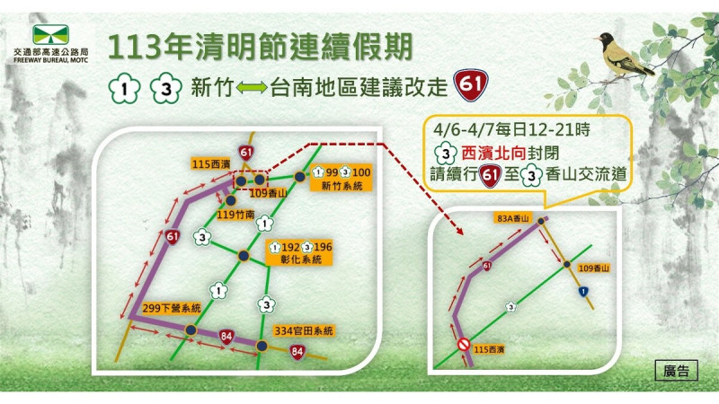 清明連續假期新竹-台南地區替代道路路線圖。   圖：高速公路局／提供