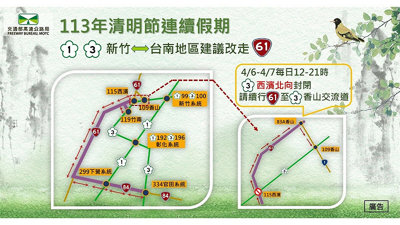 清明連續假期新竹-台南地區替代道路路線圖。   圖：高速公路局／提供