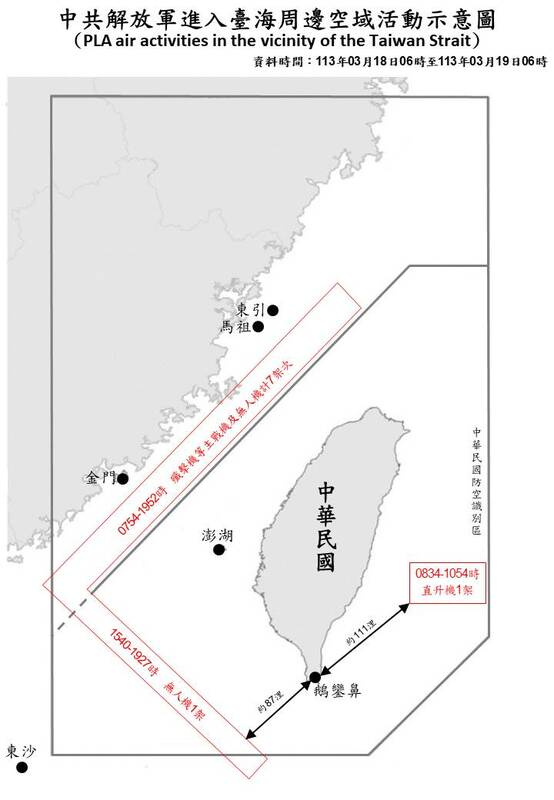 國防部發布共軍在台海周邊動態活動示意圖。   圖：國防部提供。