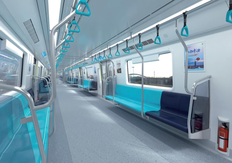 電聯車整體採銀灰色設計，並以代表台北捷運標誌藍、綠兩色裝飾車側，帶給旅客耳目一新的感受。   圖：台北捷運公司／提供