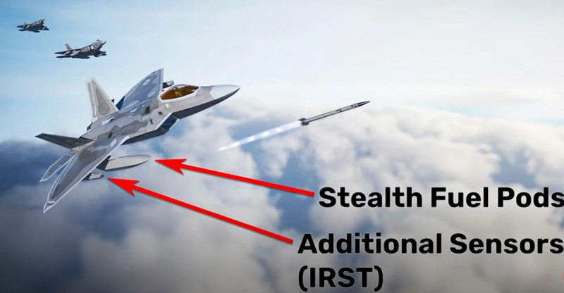 F-22 升級改造後的示意圖，將會裝上有隱形效果的油箱，以及紅外搜索與跟蹤系統(IRST)的懸掛吊艙。   圖：翻攝自 @muki46