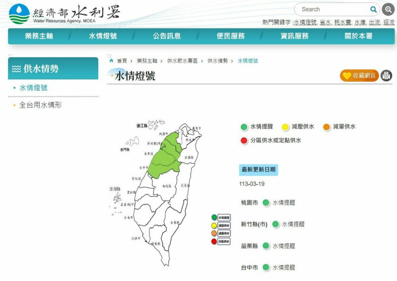 近來雨量偏少，全台有6座水庫被經濟部水利署列為水情稍緊狀態，包含石門水庫、寶山水庫、寶山第二水庫、永和山水庫、鯉魚潭水庫和德基水庫。   圖：翻攝自經濟部水利署官網