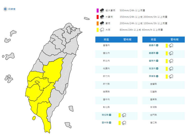 氣象署對７縣市發布大雨特報。   圖：取自中央氣象署