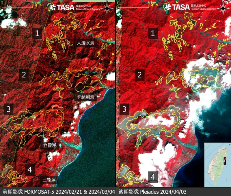 花蓮地震災前災後衛星對比照   圖:翻攝自國家太空中心臉書