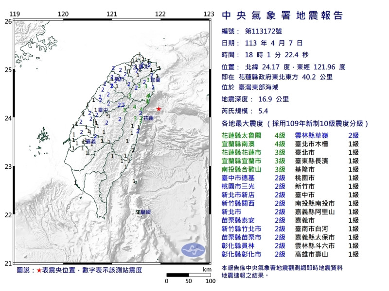 今（7）日18時1分，位於台灣東部海域發生芮氏規模5.4地震，最大震度4級。   圖：中央氣象署／提供