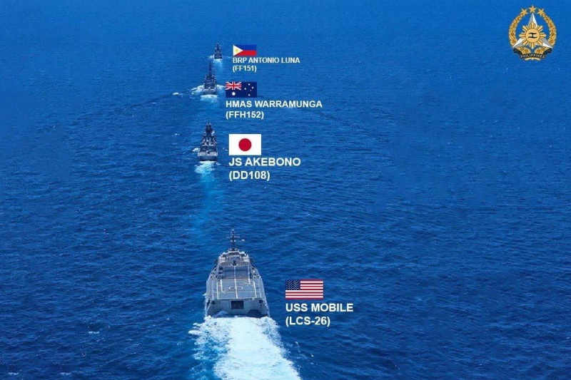 美國、日本、澳洲和菲律賓昨（7）日在南海舉行首次聯合軍演。   圖：取自 Armed Forces of the Philippines 臉書
