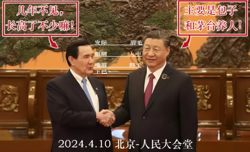 前總統馬英九到訪北京，與中國領導人習近平在人民大會堂見面。習近平比馬英九高出了一大截！大約高出有 8 到10 公分。   圖：翻攝自墻國荒誕字