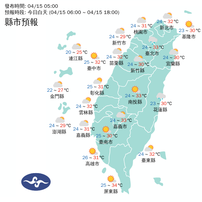 今天微弱鋒面位於台灣北部海面，東部、東南部、大台北地區與馬祖，將有零星短暫陣雨，全台高溫都可能來到攝氏32度。   圖：中央氣象署／提供