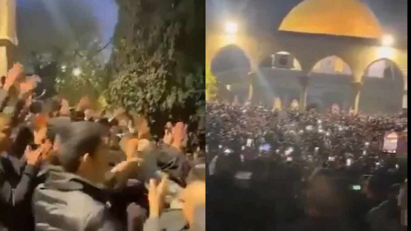 當伊朗發動大規模飛彈無人機襲擊時，當地巴勒斯坦人聚集在街頭歡呼慶祝。   圖 : 翻攝自影片 （新頭殼合成）