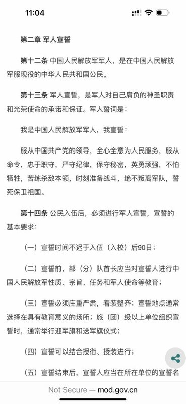 中國政府在 2018 年發布的《中國人民解放軍內務條令》，宣誓詞中明確標示「為人民服務」。   圖：翻攝自 @alanjz64 X 帳號
