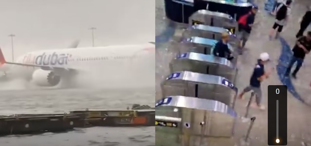 杜拜發生大洪水，連機場都被淹，飛機快要變成船。   圖 : 影片截圖