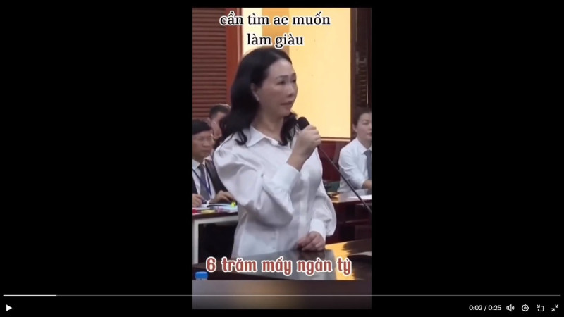 越南女首富張美蘭於法庭上供稱，她將價值 600 兆越南盾(約等於 7700 億新台幣)的黃金藏在海裏。   圖：擷取自 @ChuTrieuViet X 分享影片