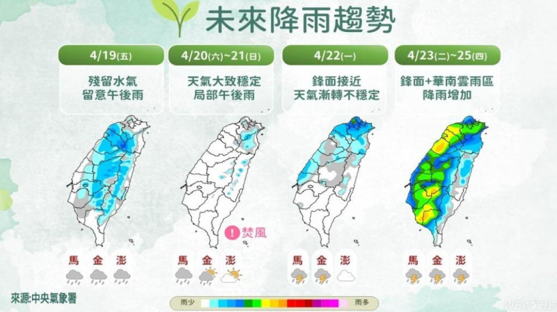 週一起預計有「兩道鋒面」陸續影響台灣，天氣轉為不穩定容易伴隨短時強降雨、雷擊、強陣風等劇烈天氣現象。   圖片來源/氣象署