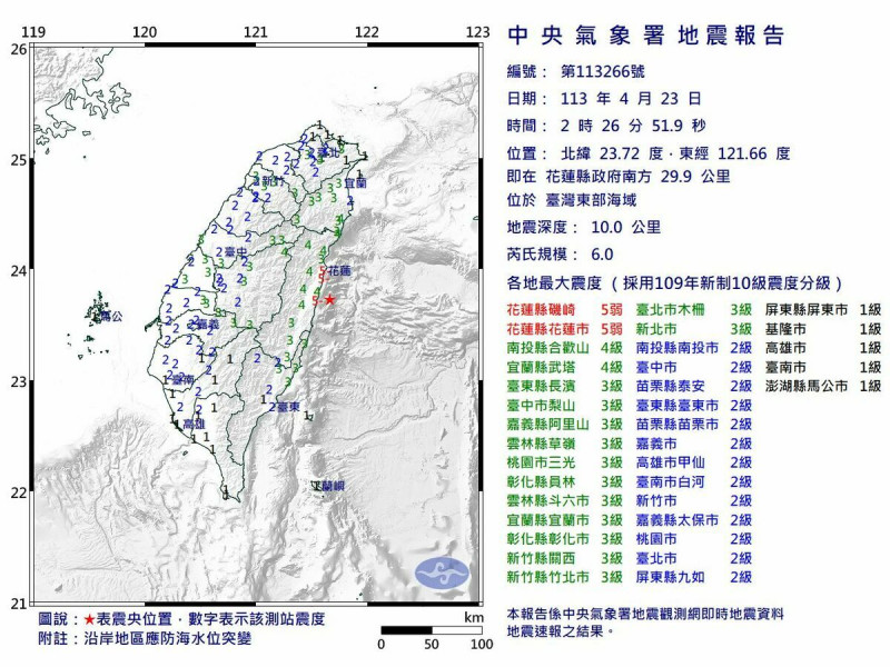 今（23）天凌晨2點26分台灣東部海域發生芮氏規模6地震。   圖：氣象署提供