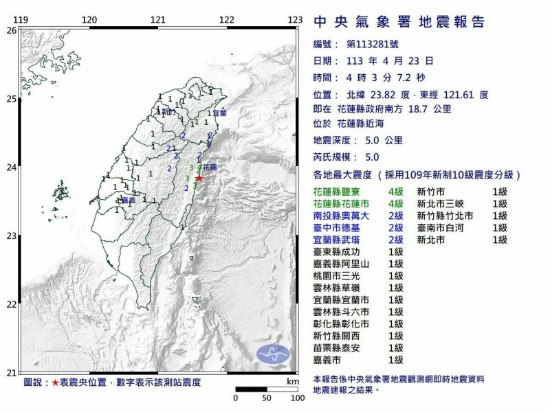 今（23）天清晨4點03分花蓮縣近海發生芮氏規模5地震。   圖：氣象署提供