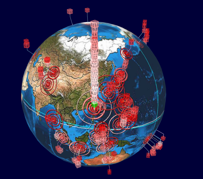 從全球地震3D即時直播圖「Earthquake 3D Live」顯示，相較於其他地區，台灣地震數量遠遠超過地球的其他地方，宛如摩天大樓和另類台北101大樓。   圖：翻攝自Earthquake 3D Live