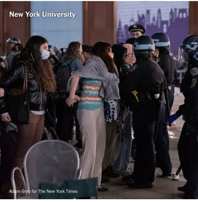 當地時間 22 日，紐約大學校方要求警方針對抗議學生進行清場，部分示威學生遭到逮捕，清場行動直到晚上才完成。   圖：翻攝自 @fangshimin X 帳號