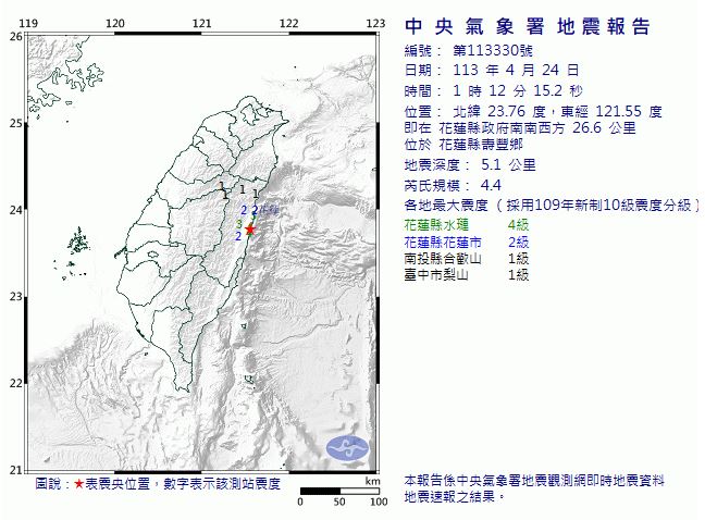 花蓮24日凌晨1點12分發生芮氏規模4.4地震，地震深度5.1公里。   圖：氣象署提供