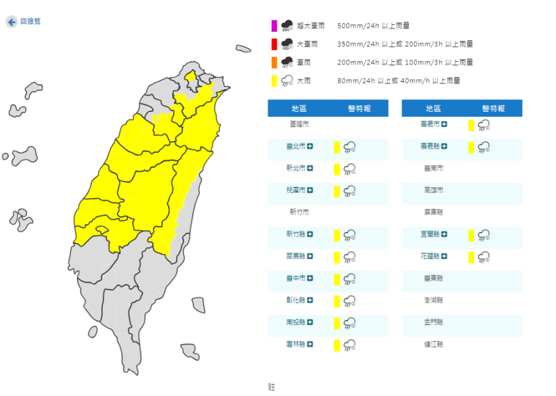 今(24)日氣象署對13個縣市發布大雨特報。   圖：取自中央氣象署