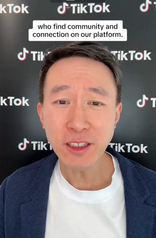  美國通過一項法案，要求TikTok的母公司字節跳動在2025年1月19日前出售其在美業務，未完成則禁止TikTok使用。TikTok的CEO周受資則公開對用戶喊話。   圖：翻攝自周受資 TikTok 帳號