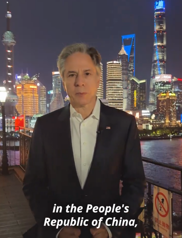 美國國務卿布林肯 24 日拜訪中國，晚上發布影片。   圖：翻攝自布林肯 X（前推特）帳號