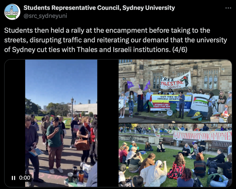 繼全美至少 50 所大學校院出現挺巴勒斯坦示威活動後，世界各國包括澳洲「雪梨大學」也都加入了抗議行列。   圖：取自「X」@src_sydneyuni