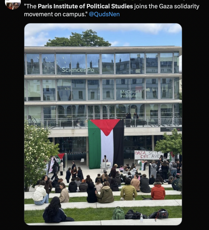學生主張，除非學校同意切斷與以色列的大學的關係，並承諾從與以國有關的實體撤資等要求，否則他們不會散去。圖為法國「巴黎政治學院」示威場面。   圖：取自「X」@redsarah99