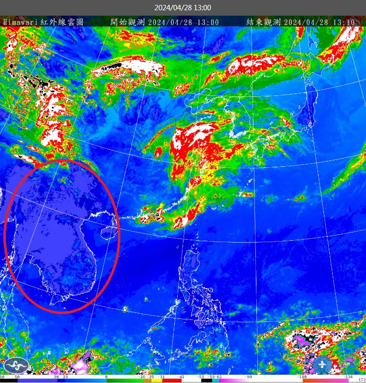 今(28)日中央氣象局前局長鄭明典曬出紅外線雲圖表示，「中南半島的對流，不只沒動靜、是超奇的穩定」。   圖：翻攝自鄭明典臉書