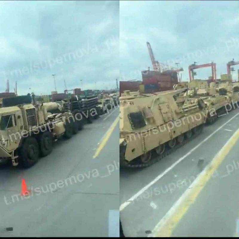 一段網路的影片顯示，美國裝備目前正在波蘭港口，烏克蘭的軍援即將到達。   圖 : 翻攝自影片（新頭殼合成）