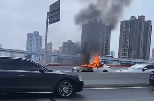 上海火燒車事件，事故發生在南浦大橋浦東往浦西方向下引橋處，一輛懸掛新能源號牌的轎車有明火燃燒。   圖 : 翻攝自微博