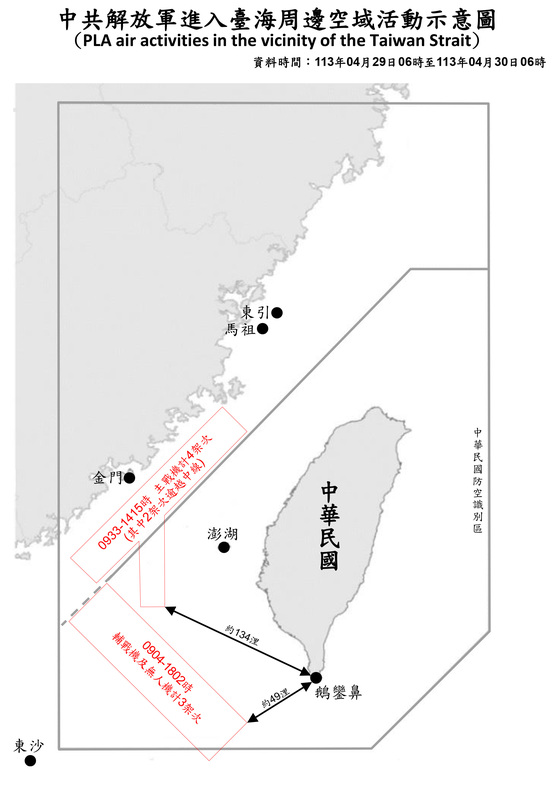 國防部公布中共解放軍台海周邊空域活動示意圖。   圖：國防部提供