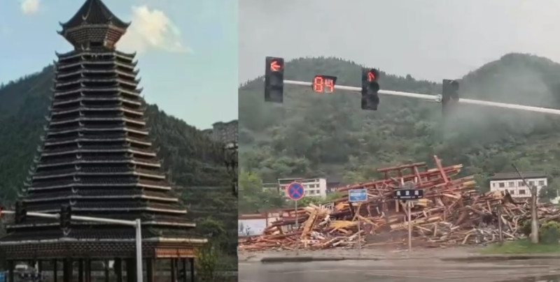 中國貴州凱里市昨（29）日遇強對流天氣，凱里市西出口一鼓樓倒塌。   圖：翻攝自新京報我們視頻
